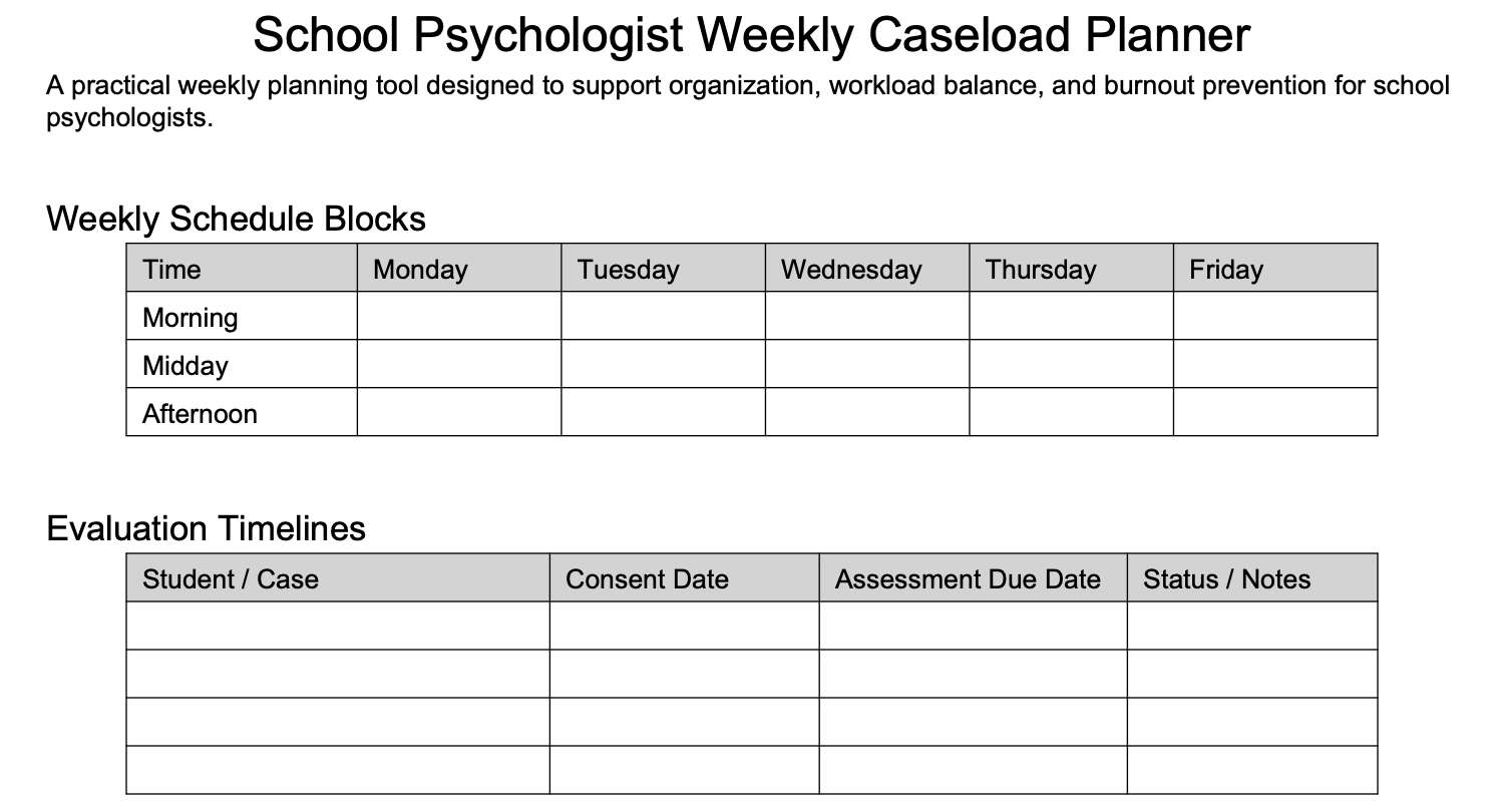School Psychologist Weekly Planner