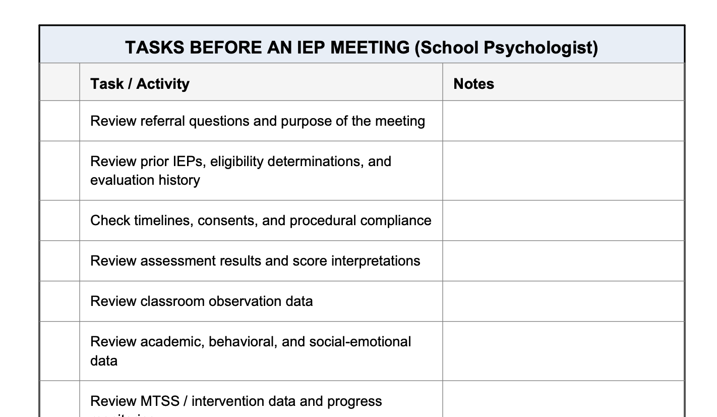 IEP Task List for School Psychologists